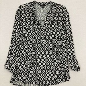 Cocomo Black White Pintuck Geometric Stretch Rolled Tab Popover Blouse XL Office